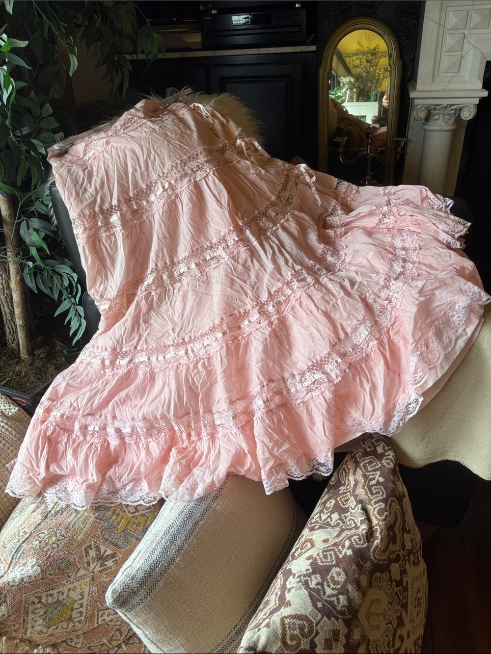 French Pink ruffled cotton shabby chic romantic prairie boho Maxi Skirt 33 LSF - Picture 2 of 7